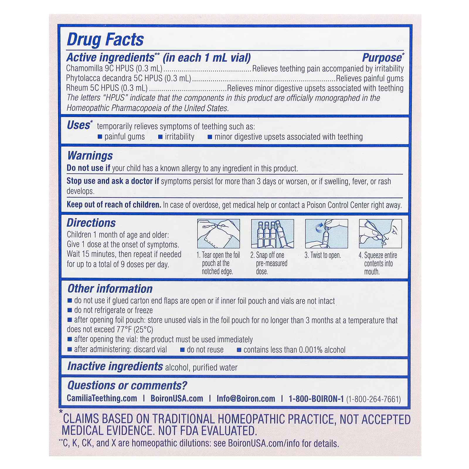 Boiron, Camilia®, Teething Relief, 1 Month+, 30 Doses, 0.034 fl oz (1 ml) Each