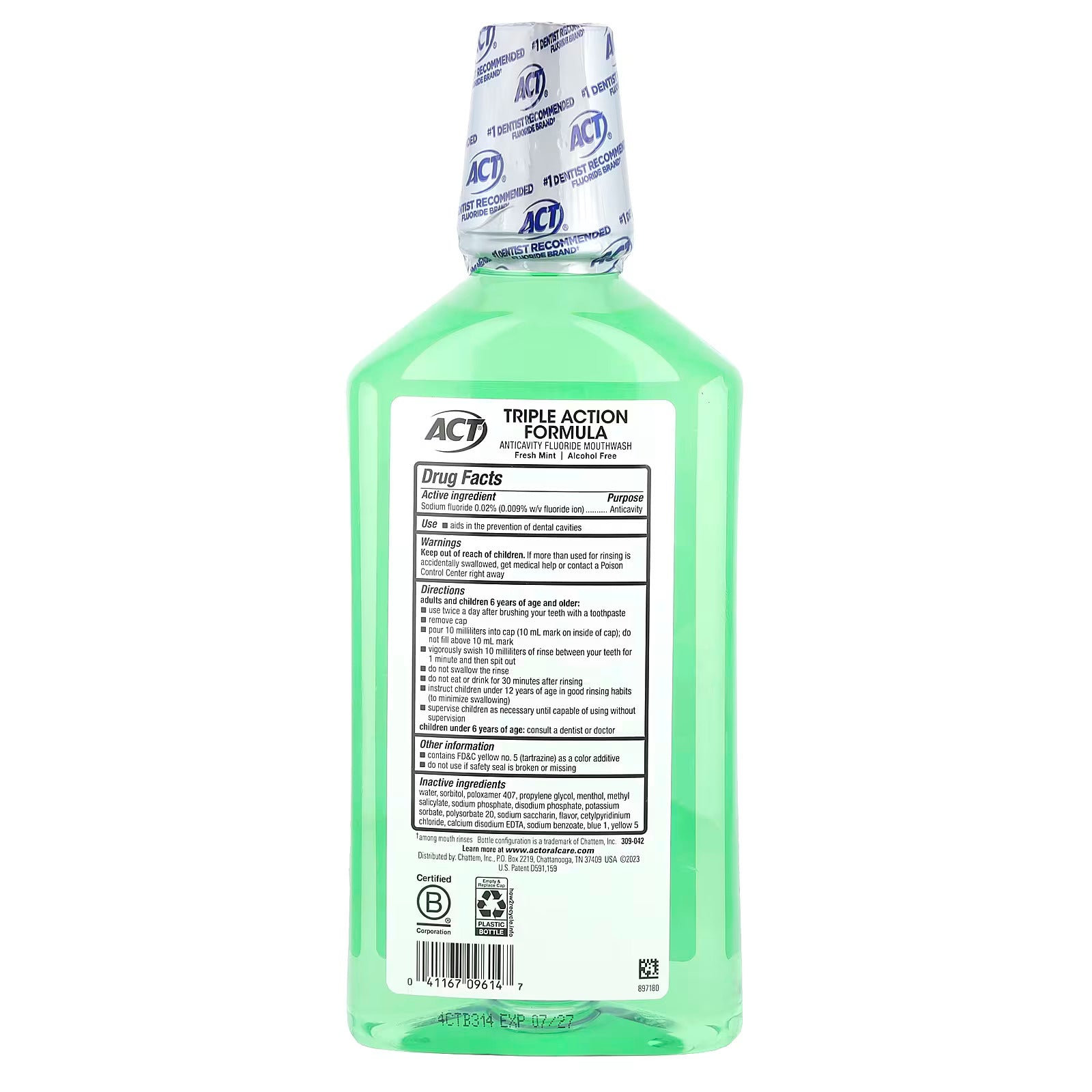 ACT, Total Care Anticavity Fluoride Mouthwash, Alcohol Free, Fresh Mint, 33.8 fl oz (1 L)