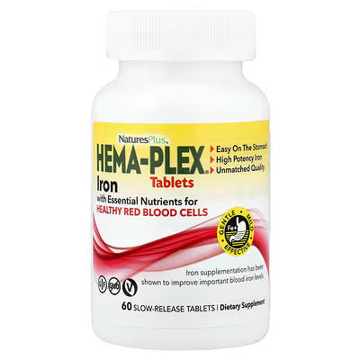 NaturesPlus, Hema-Plexยฎ, Iron with Essential Nutrients for Healthy Red Blood Cells, 60 Slow-Release Tablets