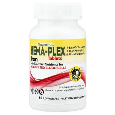 NaturesPlus, Hema-Plex®, Iron with Essential Nutrients for Healthy Red Blood Cells, 60 Slow-Release Tablets