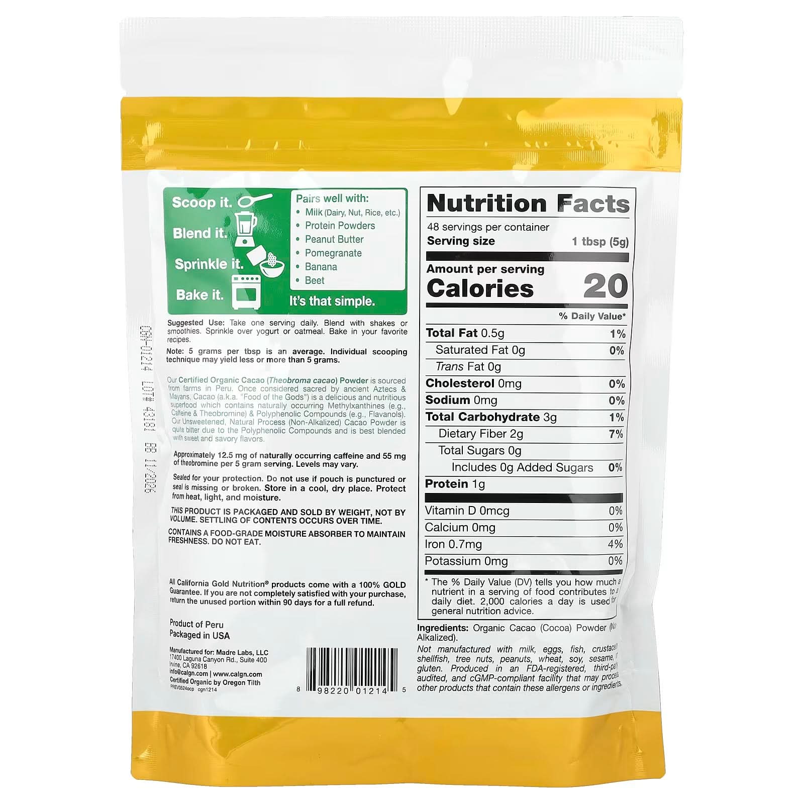 California Gold Nutrition, Superfoods, Organic Cacao Powder, 8.5 oz (240 g)