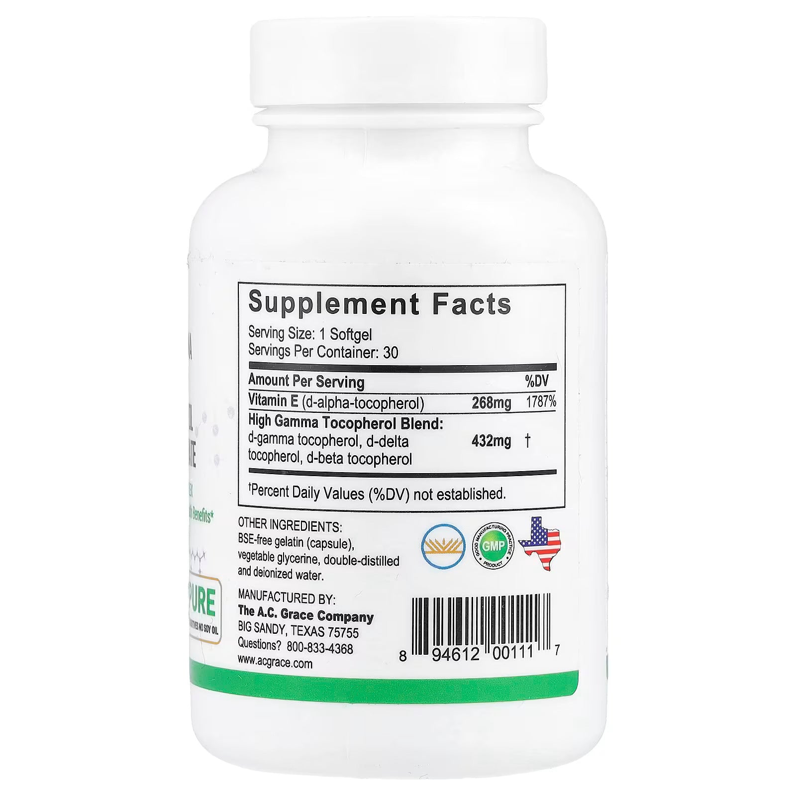 A.C. Grace Company, Unique EĀ®, High Gamma Mixed Tocopherol Concentrate, 30 Softgels