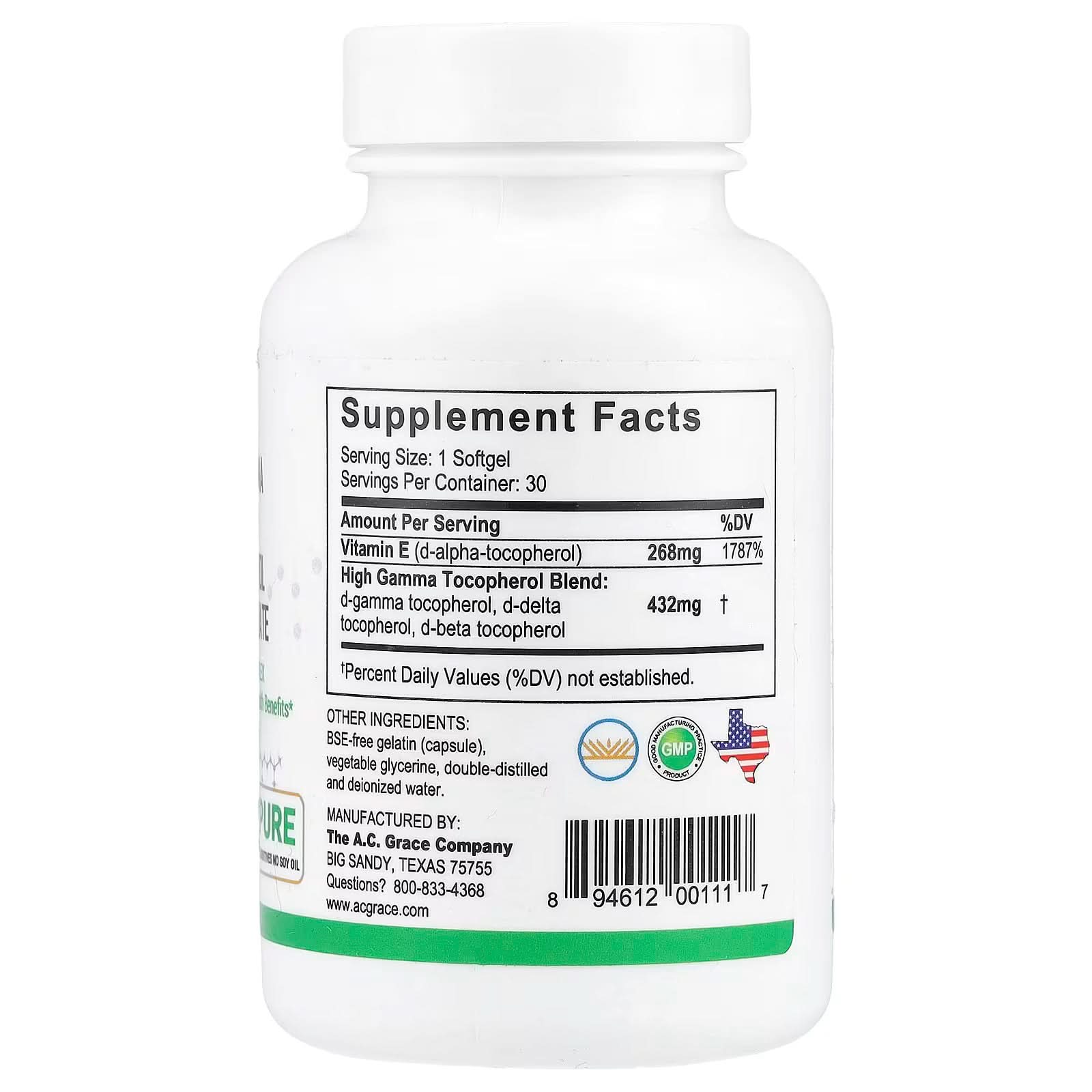 A.C. Grace Company, Unique EĀ®, High Gamma Mixed Tocopherol Concentrate, 30 Softgels