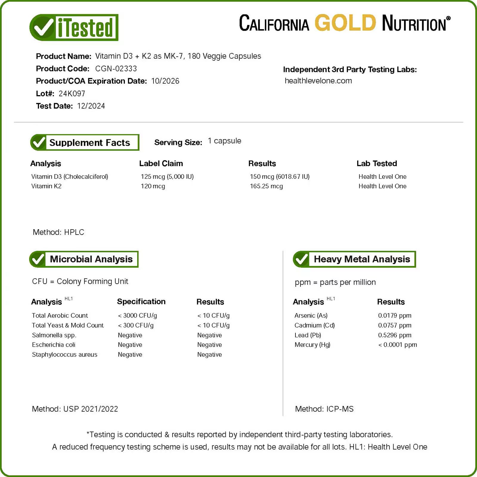 California Gold Nutrition, Vitamin D3 + K2 as MK-7, 180 Veggie Capsules
