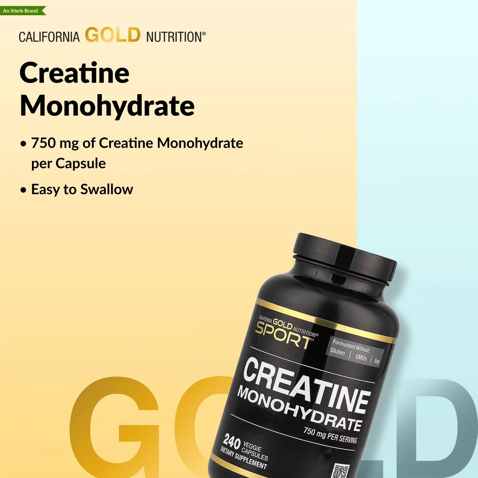 California Gold Nutrition, Sport, Pure Creatine Monohydrate, 750 mg, 240 Veggie Capsules