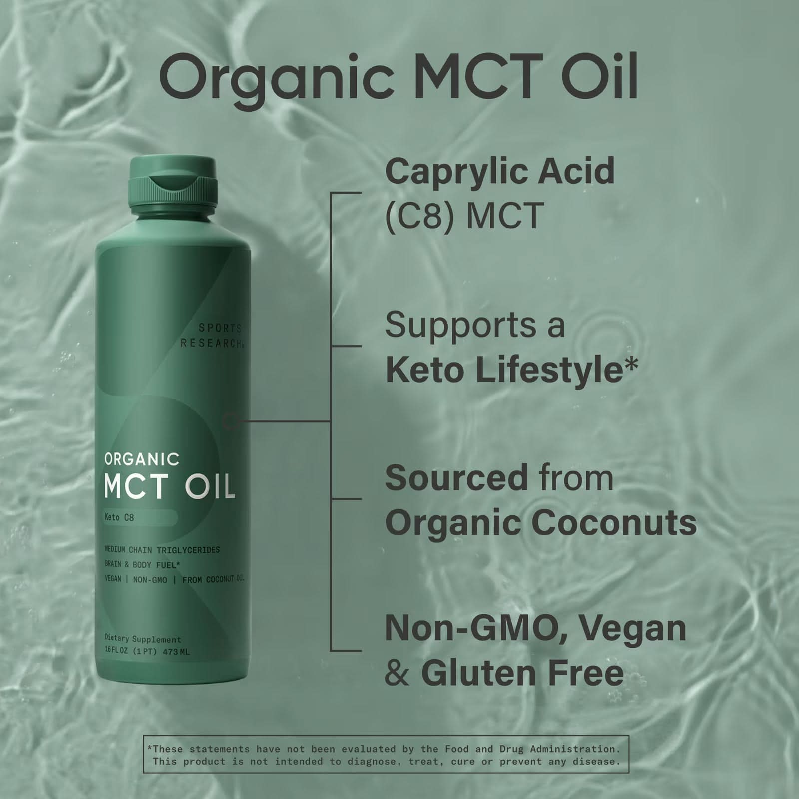 Sports Research, Organic MCT Oil, Keto C8, 16 fl oz (473 ml)