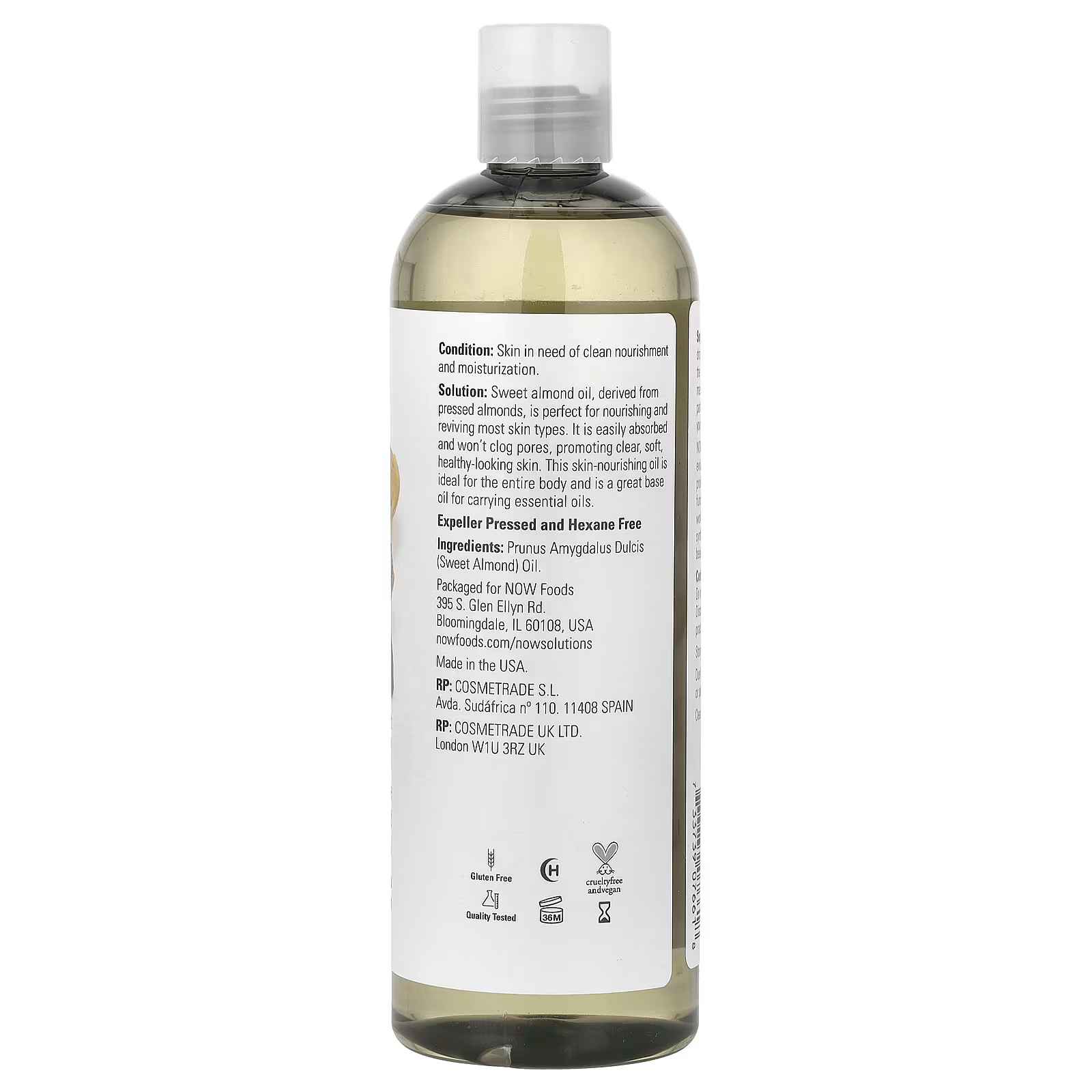 NOW Foods, Solutions, Sweet Almond Oil, Pure Moisturizing Oil, Unscented, 16 fl oz (473 ml)