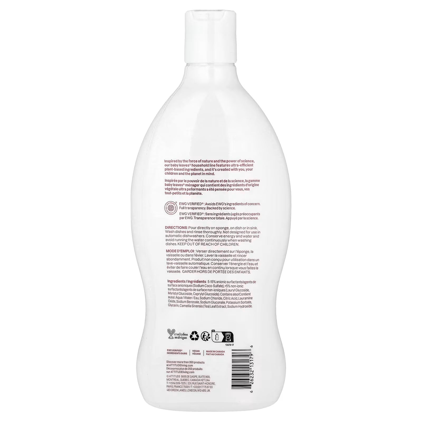 ATTITUDE, Baby Leavesยฎ, Baby Bottle Dishwashing Liquid, Unscented, 23.7 fl oz (700 ml)