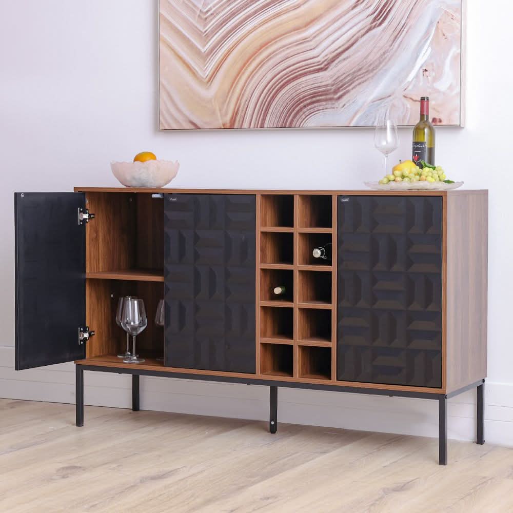 Dello Sideboard with 3-Door Storage and Bottle Rack - Walnut/Black