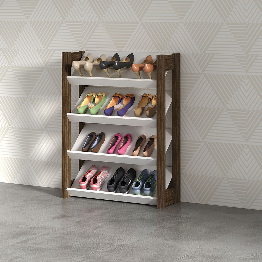 Lean 4-Tier Shoe Cabinet - 12 Pairs - White/Walnut