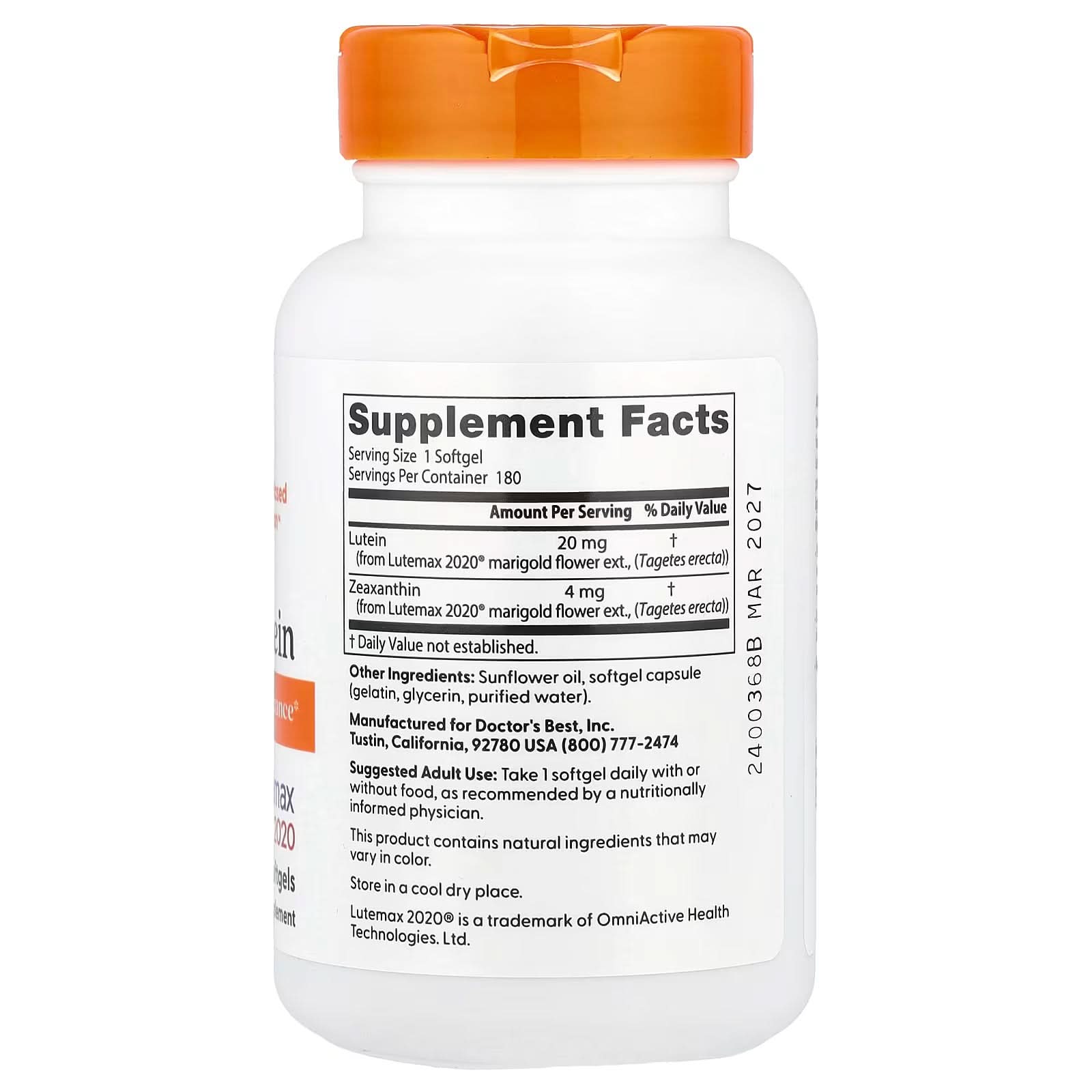 Doctor's Best, Lutein, Lutemax 2020, 20 mg, 180 Softgels