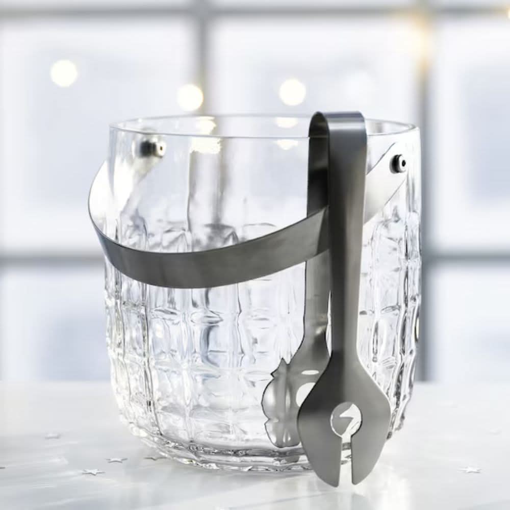 IKEA FRÖJDA Ice bucket with tongs, clear glass/stainless steel