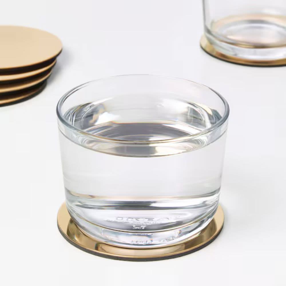 IKEA GLATTIS Coasters with holder, brass-colour, 8.5 cm