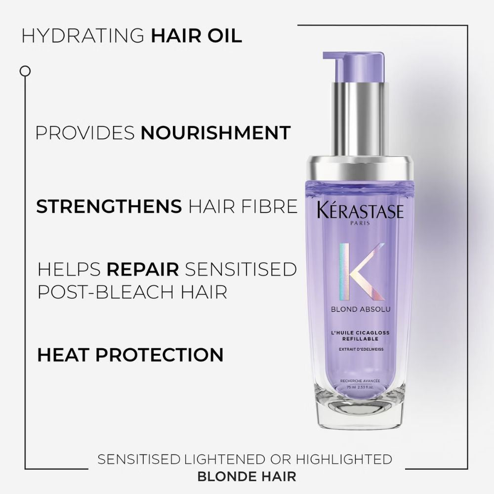 Kรฉrastase Blond Absolu LโHuile Cicagloss Refillable Hair Oil 75ml and Refill Capsule Duo for Blonde or Lightened Hair