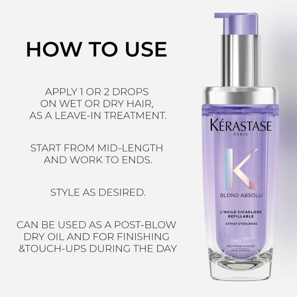 Kérastase Blond Absolu L’Huile Cicagloss Refillable Hair Oil 75ml and Refill Capsule Duo for Blonde or Lightened Hair