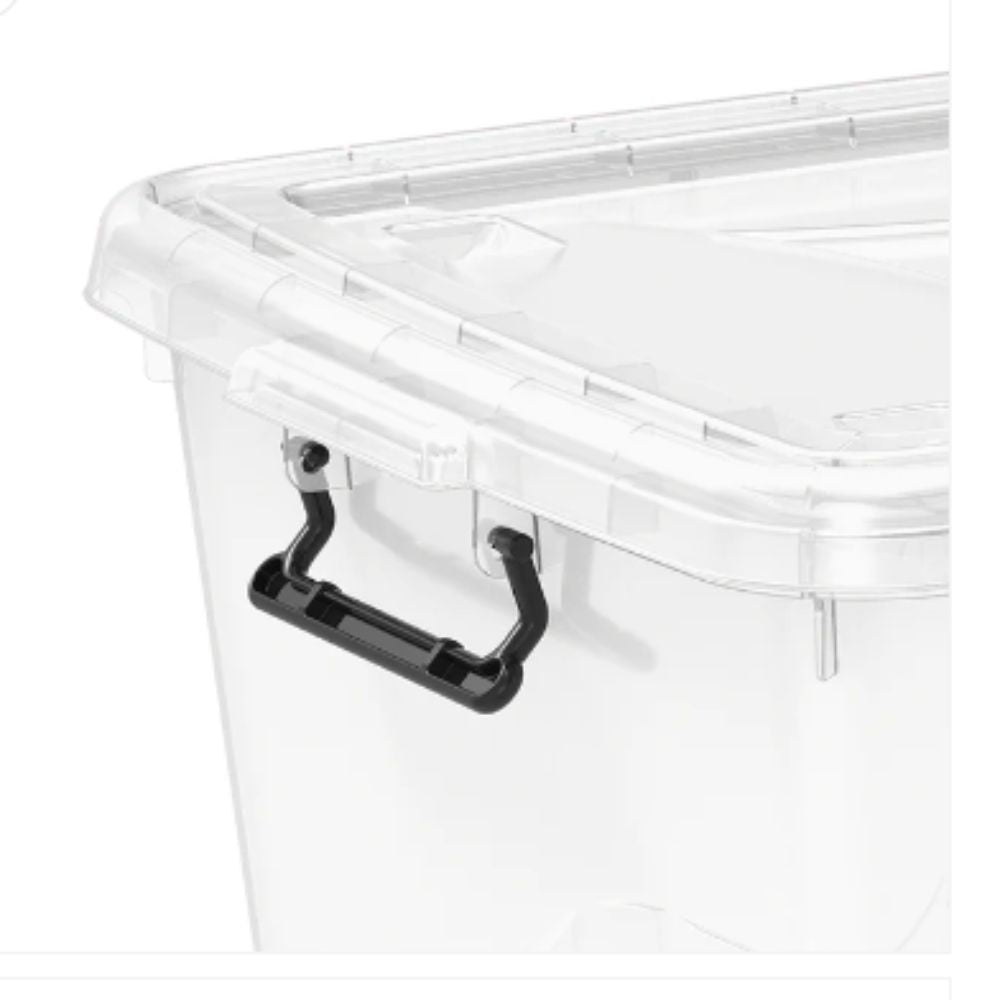 Cosmoplast Clear Plastic Storage Box with Wheels & Lockable Lid 82L