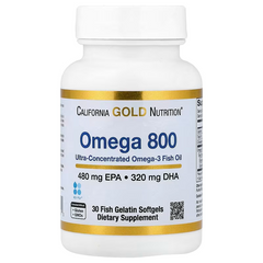 California Gold Nutrition, Omega 800 Ultra-Concentrated Omega-3 Fish Oil, kd-pur Triglyceride Form, 30 Fish Gelatin Softgels (1,000 mg per Softgel)