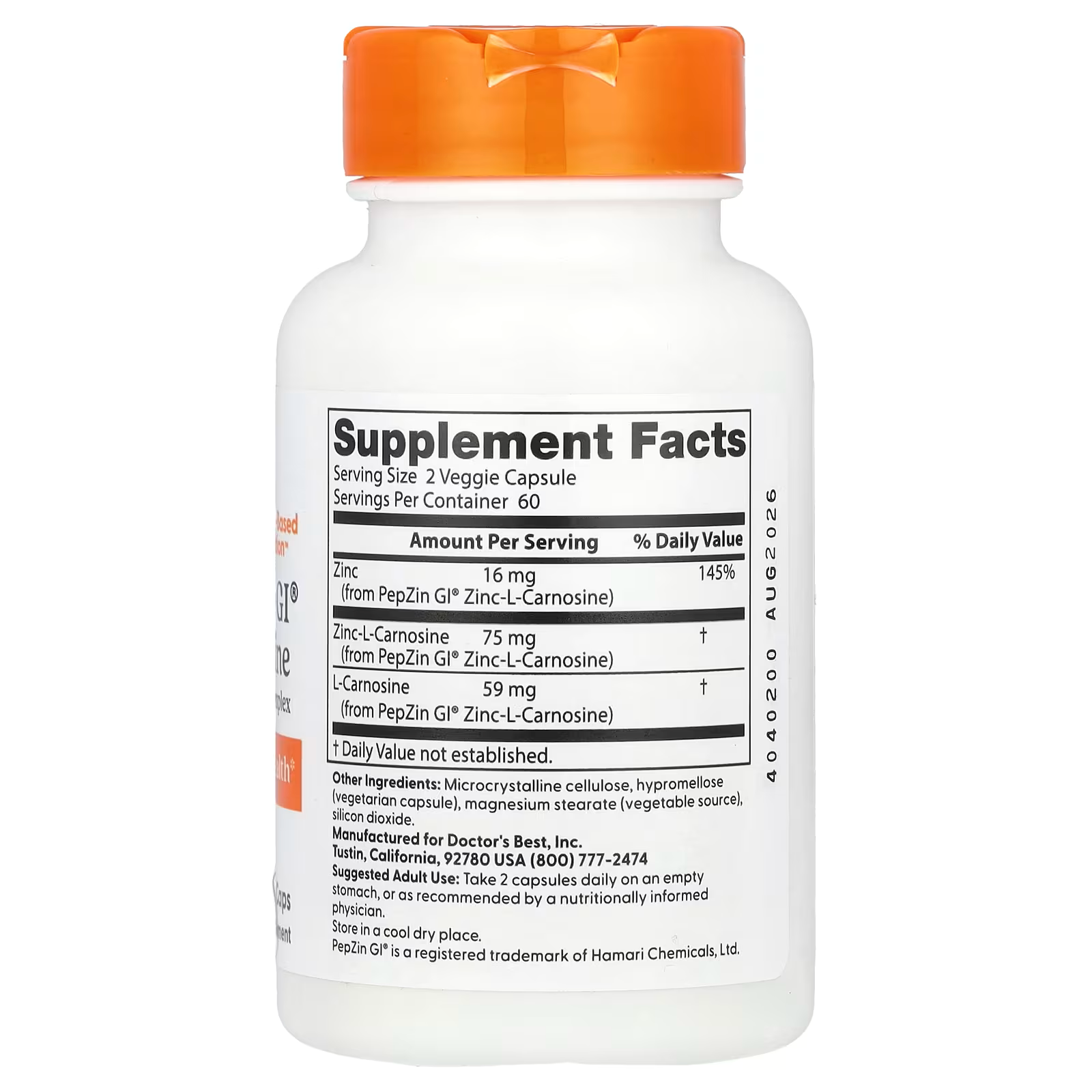 Doctor's Best, PepZin GI, Zinc-L-Carnosine Complex, 120 Veggie Caps