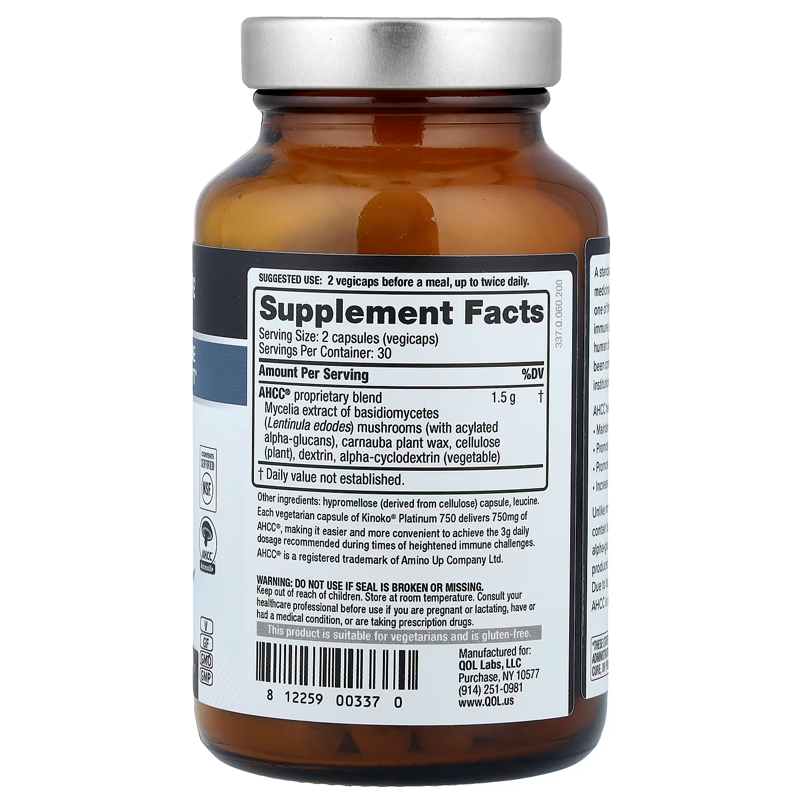 Quality of Life, Kinoko Platinum AHCC, 750mg 60 Vegicaps