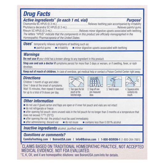 Boiron, Camilia®, Teething Relief, 1 Month+, 30 Doses, 0.034 fl oz (1 ml) Each