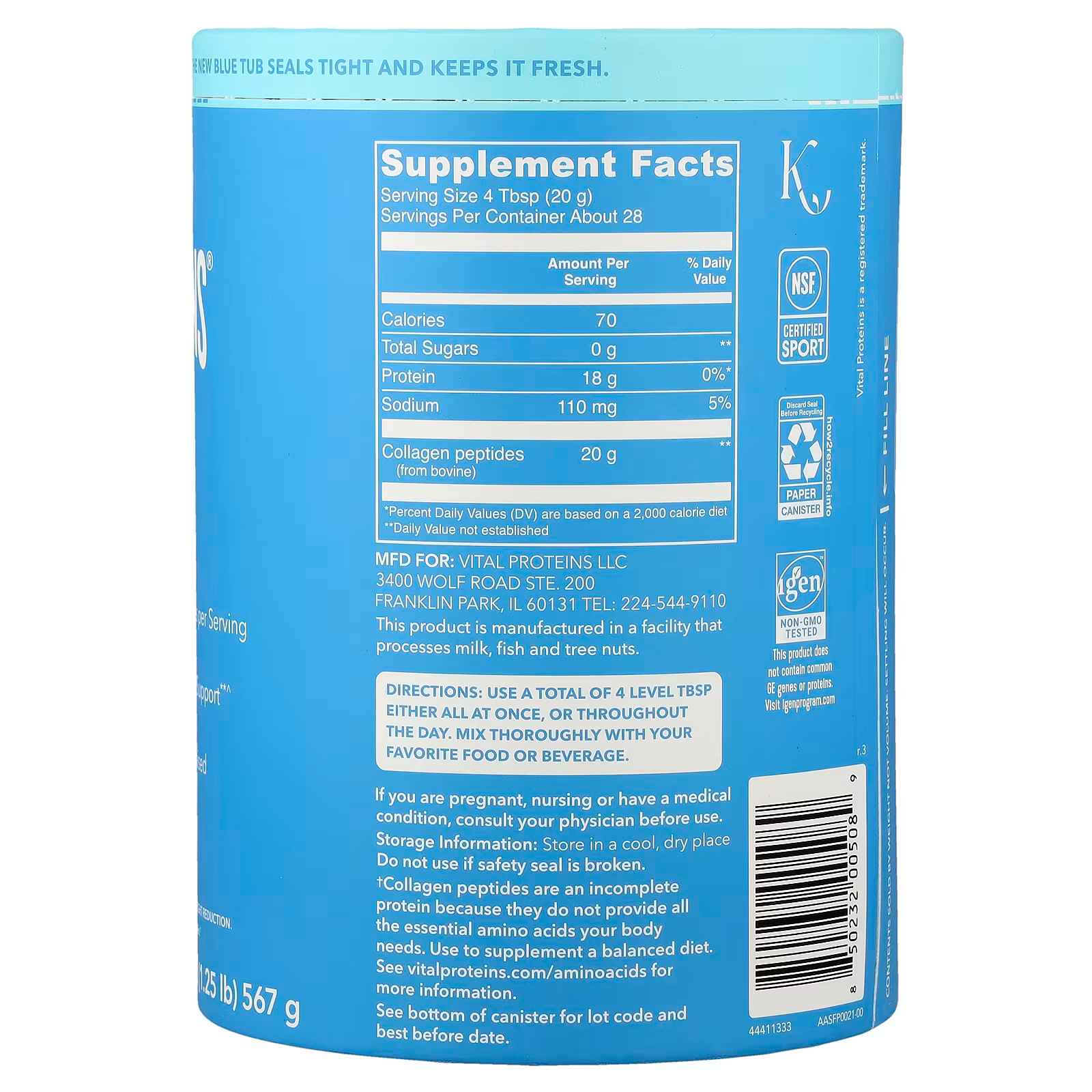 Vital Proteins, Collagen Peptides, Unflavored, 20 oz (567 g)