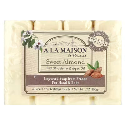 A La Maison de Provence, Hand & Body Bar Soap, Sweet Almond, 4 Bars, 3.5 oz (100 g) Each