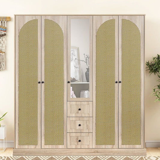 Bali 5 Door Wardrobe W/3 Drawers & Mirror-Light Oak