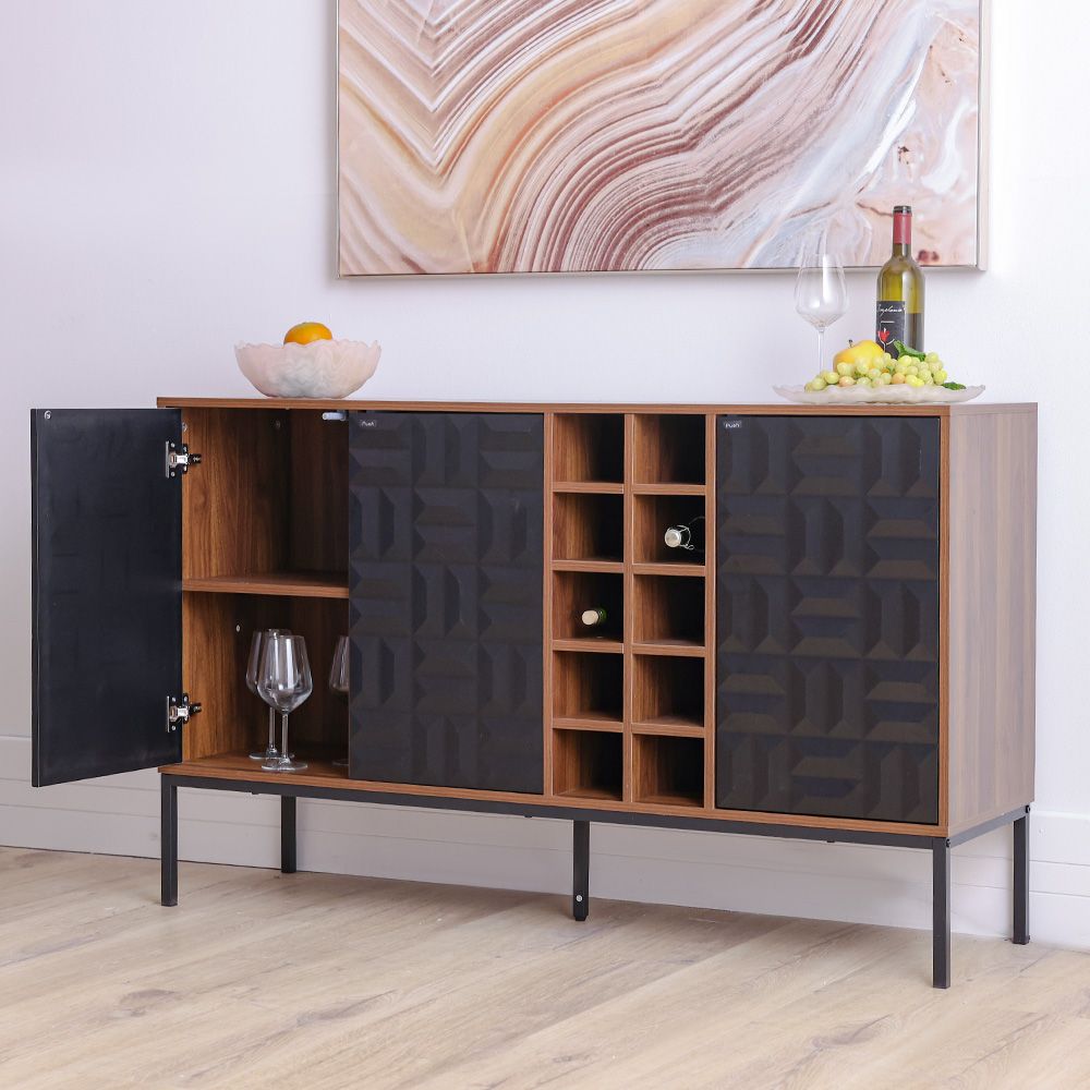 Dello Sideboard with 3-Door Storage and Bottle Rack - Walnut/Black