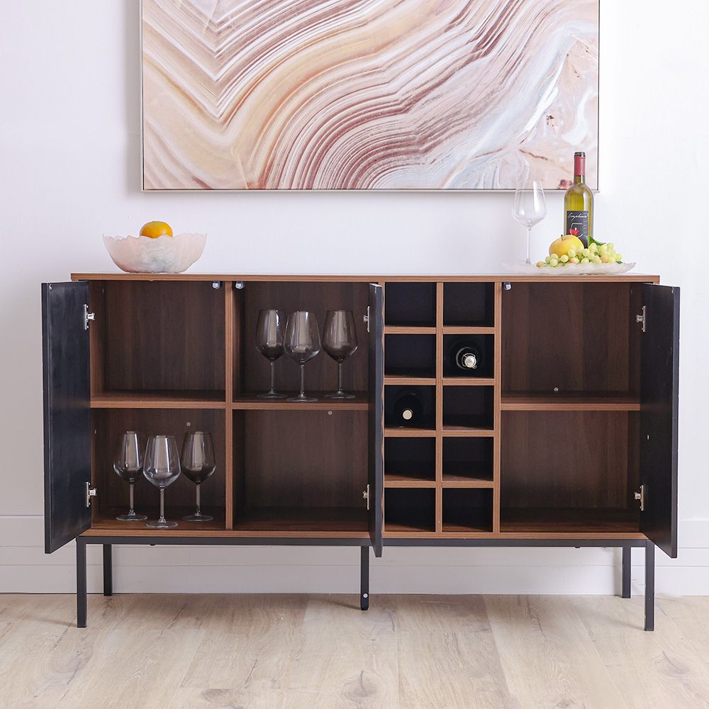 Dello Sideboard with 3-Door Storage and Bottle Rack - Walnut/Black