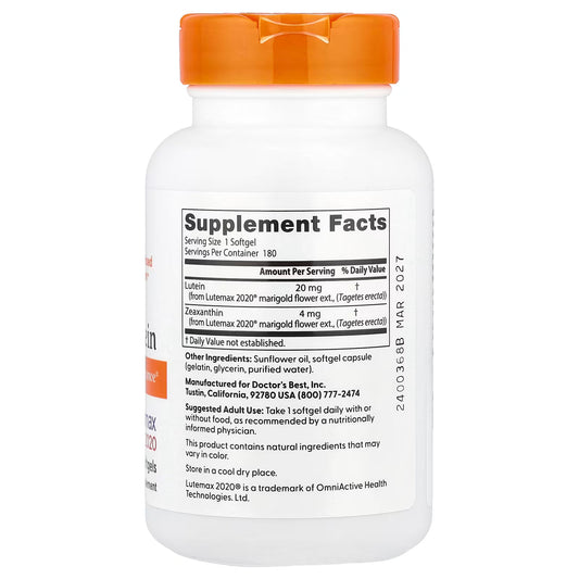 Doctor's Best, Lutein, Lutemax 2020, 20 mg, 180 Softgels