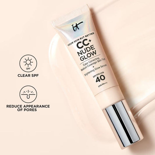 كريم أساس خفيف الوزن من IT Cosmetics CC+ و Nude Glow وسيروم التوهج مع عامل حماية من الشمس SPF40 سعة 32 مل (درجات ألوان متنوعة)