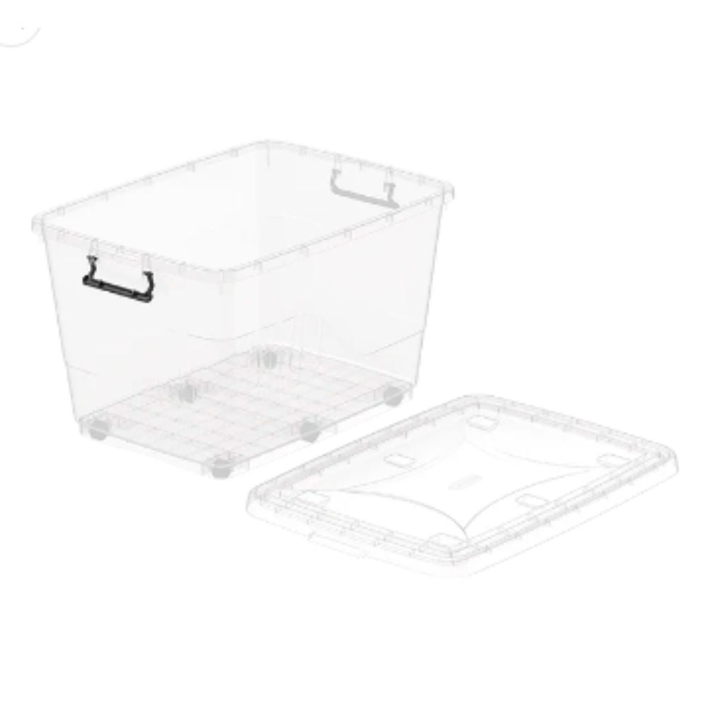 Cosmoplast Clear Plastic Storage Box with Wheels & Lockable Lid 82L