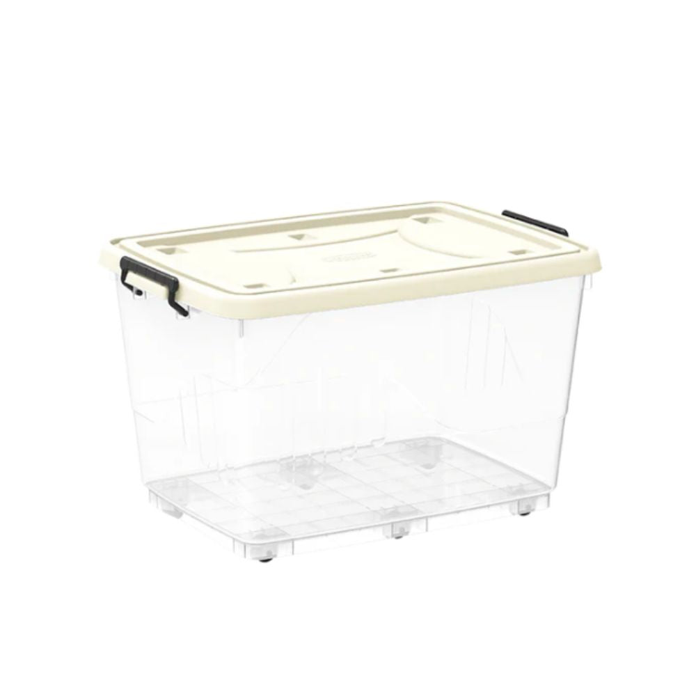 Cosmoplast Clear Plastic Storage Box with Wheels & Lockable Lid 82L