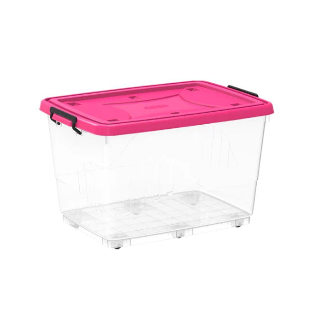 Cosmoplast Clear Plastic Storage Box with Wheels & Lockable Lid 82L