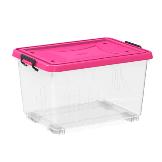 Cosmoplast Clear Plastic Storage Box with Wheels & Lockable Lid 55L